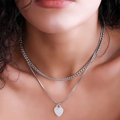 گردنبند دوزنجیره آویز قلب تیفانی زنجیر کارتیر استیل