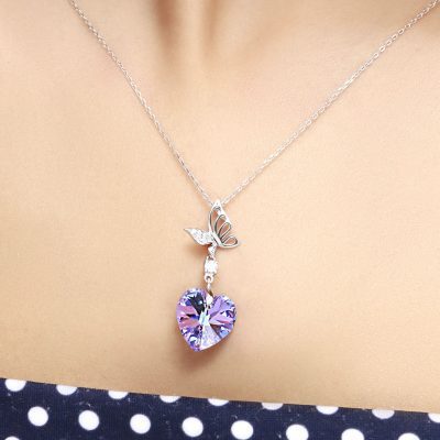گردنبند پروانه قلب Swarovski آبی بنفش / آبی جواهری نقره