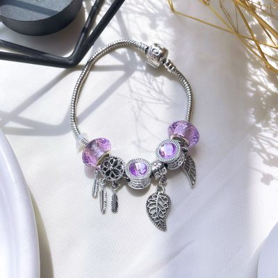 دستبند پاندورا Dream catcher بال برگ آبکاری نقره