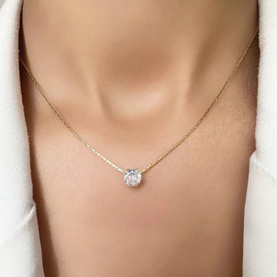 گردنبند تک کریستال استیل طلایی