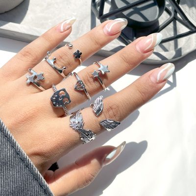پک انگشتر تاج بال ستاره الماس اسکلت برگ نقره ای
