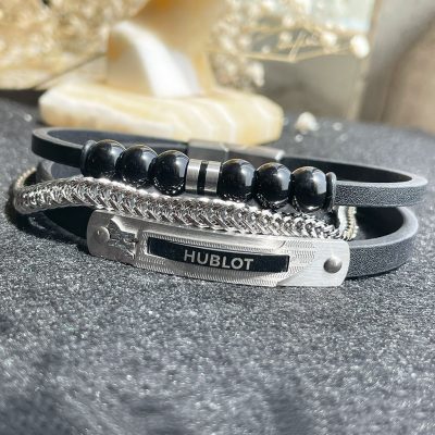 دستبند پلاک HUBLOT مهره مشکی زنجیر و قفل آهنربایی استیل