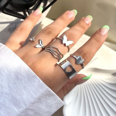 پک انگشتر پروانه قلب دلفین نقره ای