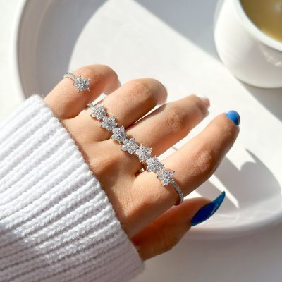 حلقه 4 انگشتی گل marquise جواهری قابل تنظیم آبکاری رودیوم