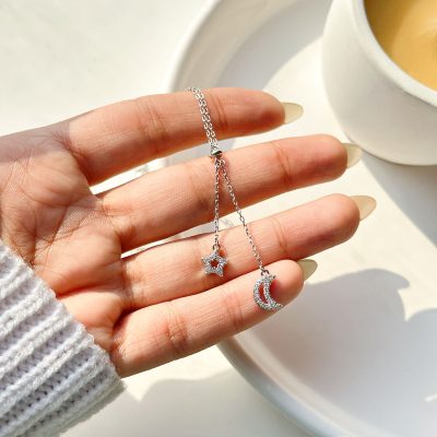 گردنبند 2 آویز ماه ستاره جواهری نقره