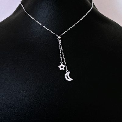 گردنبند 2 آویز ماه ستاره جواهری نقره