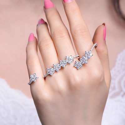 حلقه 4 انگشتی گل marquise جواهری قابل تنظیم آبکاری رودیوم