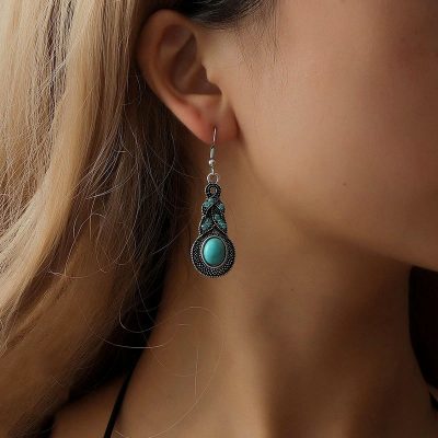 گوشواره آویزدار سنگ فیروزه ای نقره ای
