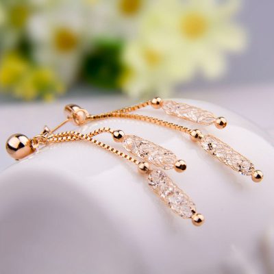 گوشواره آویزدار بلند جواهری آبکاری رزگلد
