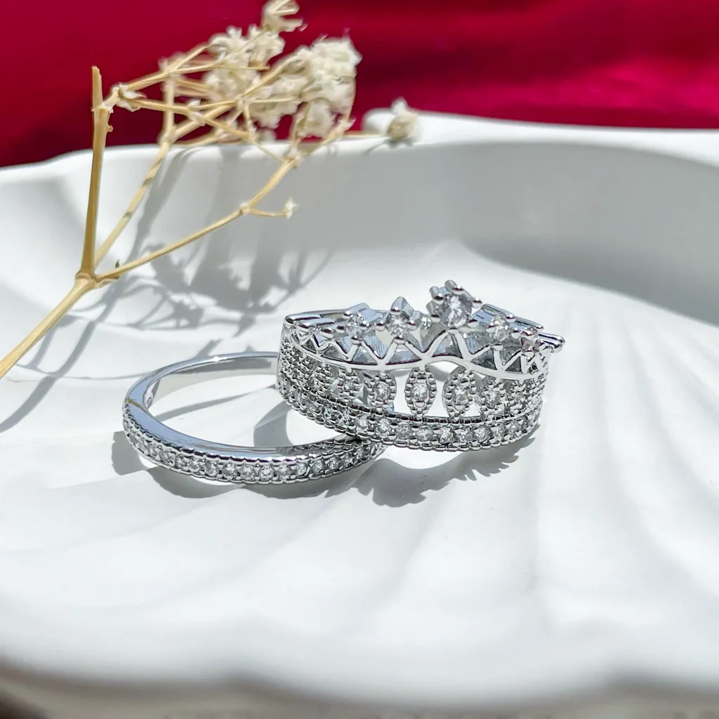 حلقه پشت حلقه تاج جواهری آبکاری رودیوم