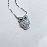 گردنبند آویزدار طرح جغد جواهری مینیمال کریستال زیرکونیا AAA+ مخراج کاری شده آبکاری رودیوم نقره استرلینگ 925