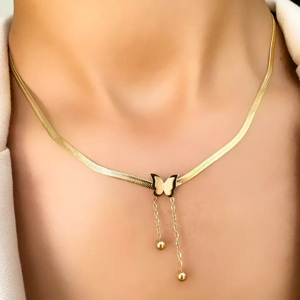 گردبنند پروانه زنجیر ماری هرینگبون استیل طلایی/نقره ای