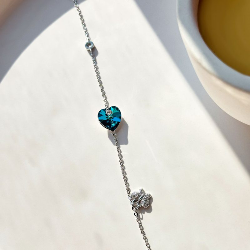 دستبند قلب Swarovski آبی/آبی بنفش و آویز پروانه جواهری نقره