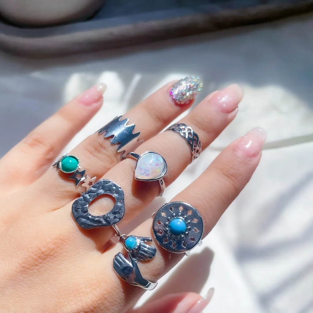 پک انگشتر ستاره آغوش قطره اپال فیروزه نقره ای