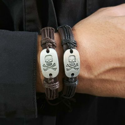 دستبند اسکلت چرمی قابل تنظیم قهوه ای/مشکی