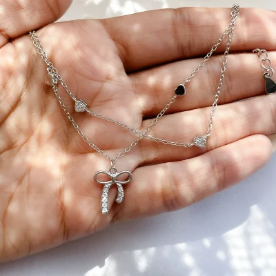 دستبند پاپیون قلب جواهری دو زنجیر نقره