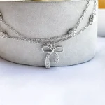 دستبند پاپیون قلب جواهری دو زنجیر نقره