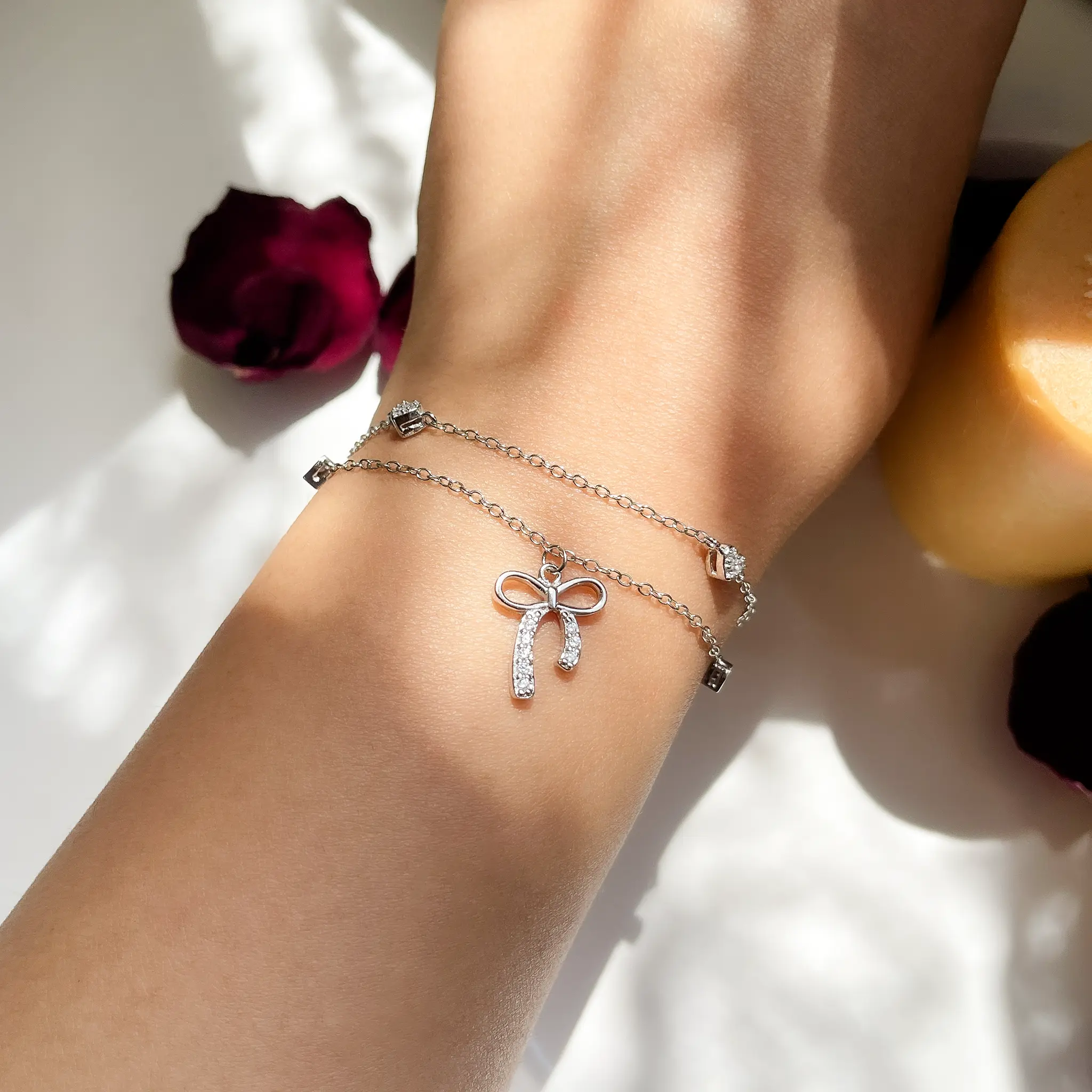 دستبند پاپیون قلب جواهری دو زنجیر نقره دستبند پاپیون قلب جواهری دو زنجیر نقره