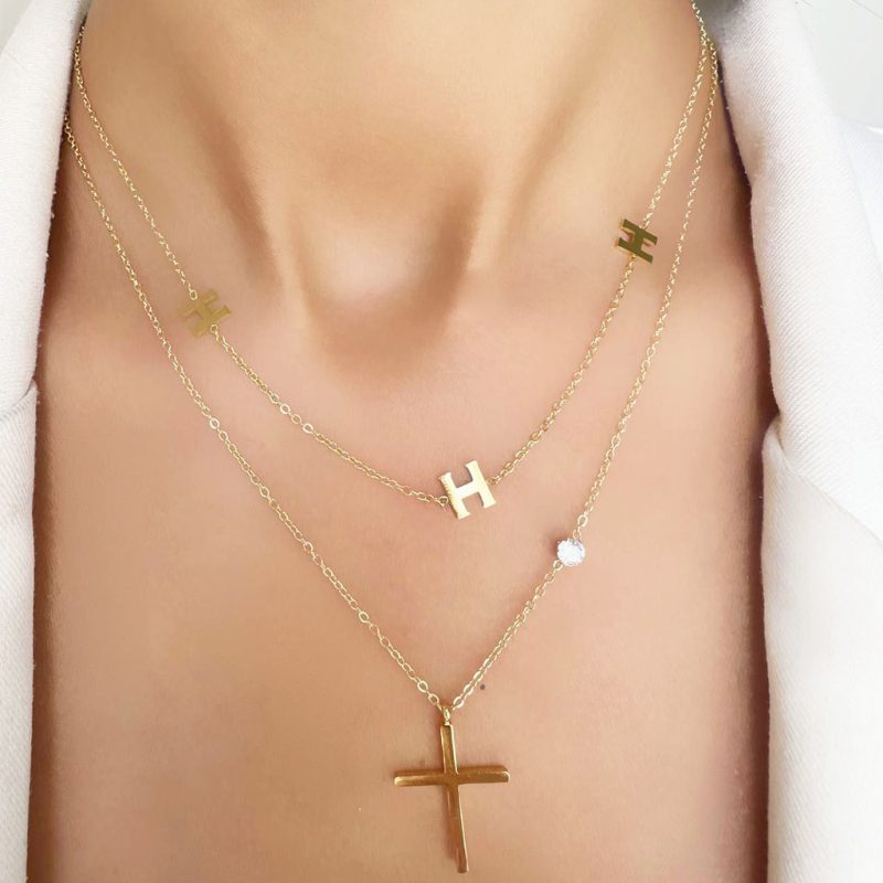 گردنبند صلیب و H دوزنجیره استیل طلایی