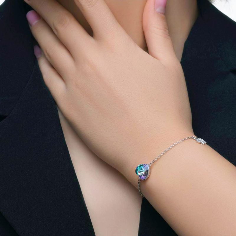 دستبند قلب سوارفسکی آبی بنفش و آویز پروانه جواهری نقره