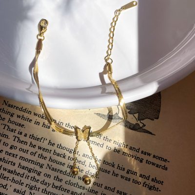 دستبند پروانه زنجیر ماری هرینگبون استیل طلایی