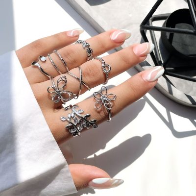 پک انگشتر برگ قلب گل پروانه نقره ای/طلایی