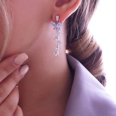 گوشواره آویزدار پروانه جواهری آبکاری رودیوم