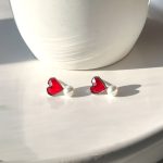 گوشواره قلب قرمز و مروارید نقره