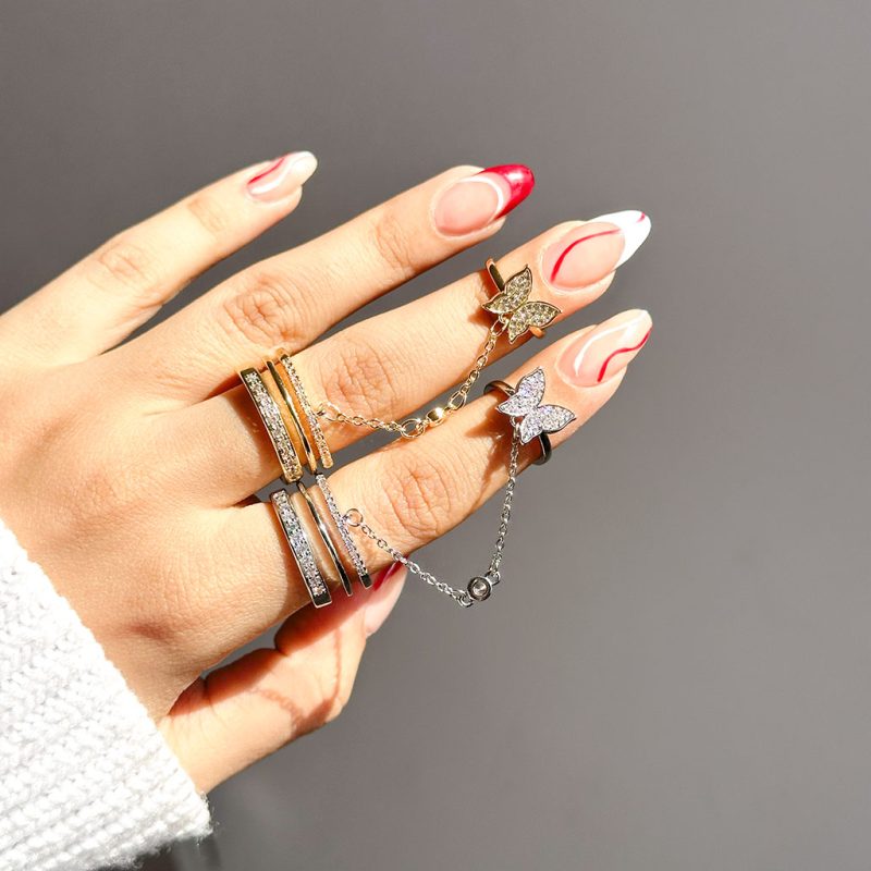 حلقه پروانه زنجیر دار جواهری قابل تنظیم آبکاری رودیوم طلایی/نقره ای