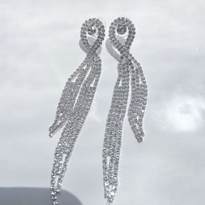 گوشواره آویزدار بلند جواهری نقره ای