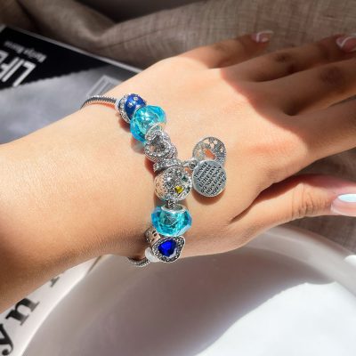 دستبند پاندورا ستاره قلب آبی آبکاری نقره