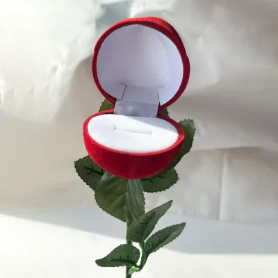 جعبه شاخه گل رز قرمز انگشتر جواهری