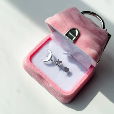 پک گوشواره ستاره ماه قلب میخی نقره ای