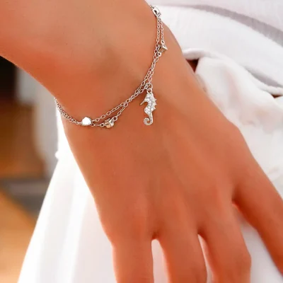 دستبند اسب دریایی قلب جواهری نقره