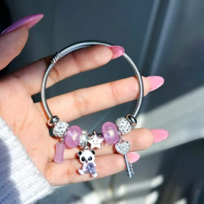 دستبند پاندورا پاندا قلب قفل کلید ستاره فری سایز دستبند قفل قلب قابل تنظیم استیل دستبند قفل قلب صورتی آبکاری نقره 925