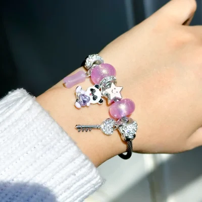دستبند پاندورا پاندا قلب قفل کلید ستاره فری سایز دستبند قفل قلب قابل تنظیم استیل دستبند قفل قلب صورتی آبکاری نقره 925