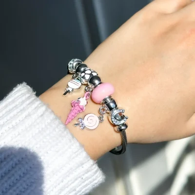 دستبند پاندورا بستنی نعل قلب آبنبات فری سایز النگو نعل قلب قابل تنظیم استیل بنگل بستنی نعل قلب صورتی آبکاری نقره 925 بنگل استیل پاندورا