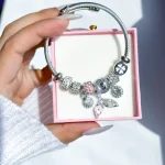 دستبند پاندورا دم وال بابونه صورتی کریستال زیرکونیا صورتی آبکاری نقره 925