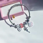 دستبند پاندورا فرشته قلب صدف فری سایز دستبند قفل قلب قابل تنظیم استیل دستبند قلب صدفی آبکاری نقره 925 بنگل پاندورا صدف صورتی