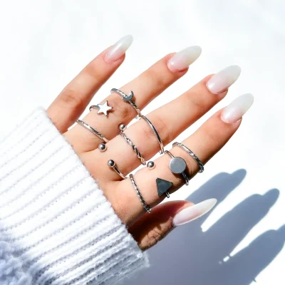 پک انگشتر ستاره ماه مثلث مینیمال نقره ای