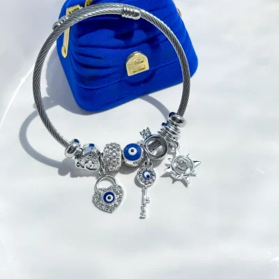 دستبند پاندورا قلب قفل کلید فری سایز دستبند قفل قلب قابل تنظیم استیل دستبند قفل قلب صورتی آبکاری نقره 925 بنگل پاندورا چشم نظر قلب قفل کلید خورشید