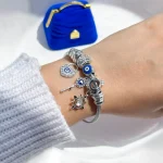 دستبند پاندورا قلب قفل کلید فری سایز دستبند قفل قلب قابل تنظیم استیل دستبند قفل قلب صورتی آبکاری نقره 925 بنگل پاندورا چشم نظر قلب قفل کلید خورشید