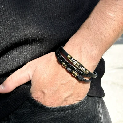 دستبند چرم بافت چند لایه Hermes استیل