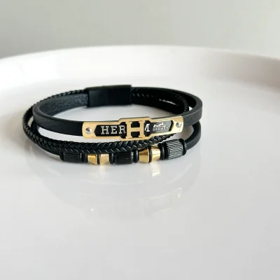 دستبند چرم بافت چند لایه Hermes استیل