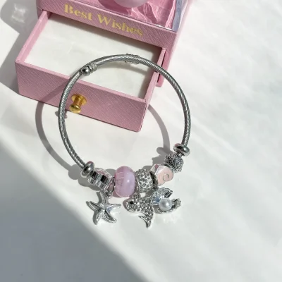 دستبند پاندورا دلفین صدف ستاره دریایی قابل تنظیم دستبند استیل مهره آبکاری نقره 925